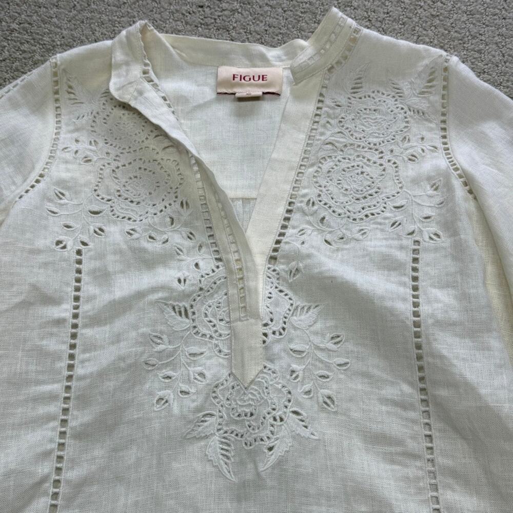 Figue Rylie Linen Floral Lace Cutouts Creamy White Top XS - Picture 9 of 11